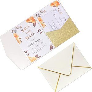 Fashmade 50Kit Gold Wedding invitations with rsvp cards and envelopes